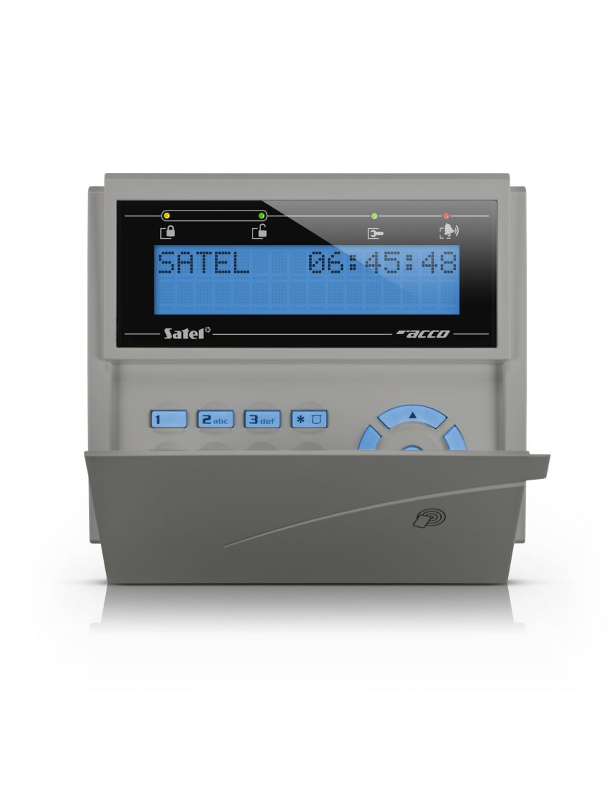 SATEL ACCO-KLCDR-BG - Manipulator LCD z czytnikiem kart zbliżeniowych, niebieskie podświetlenie, szara obudowa
