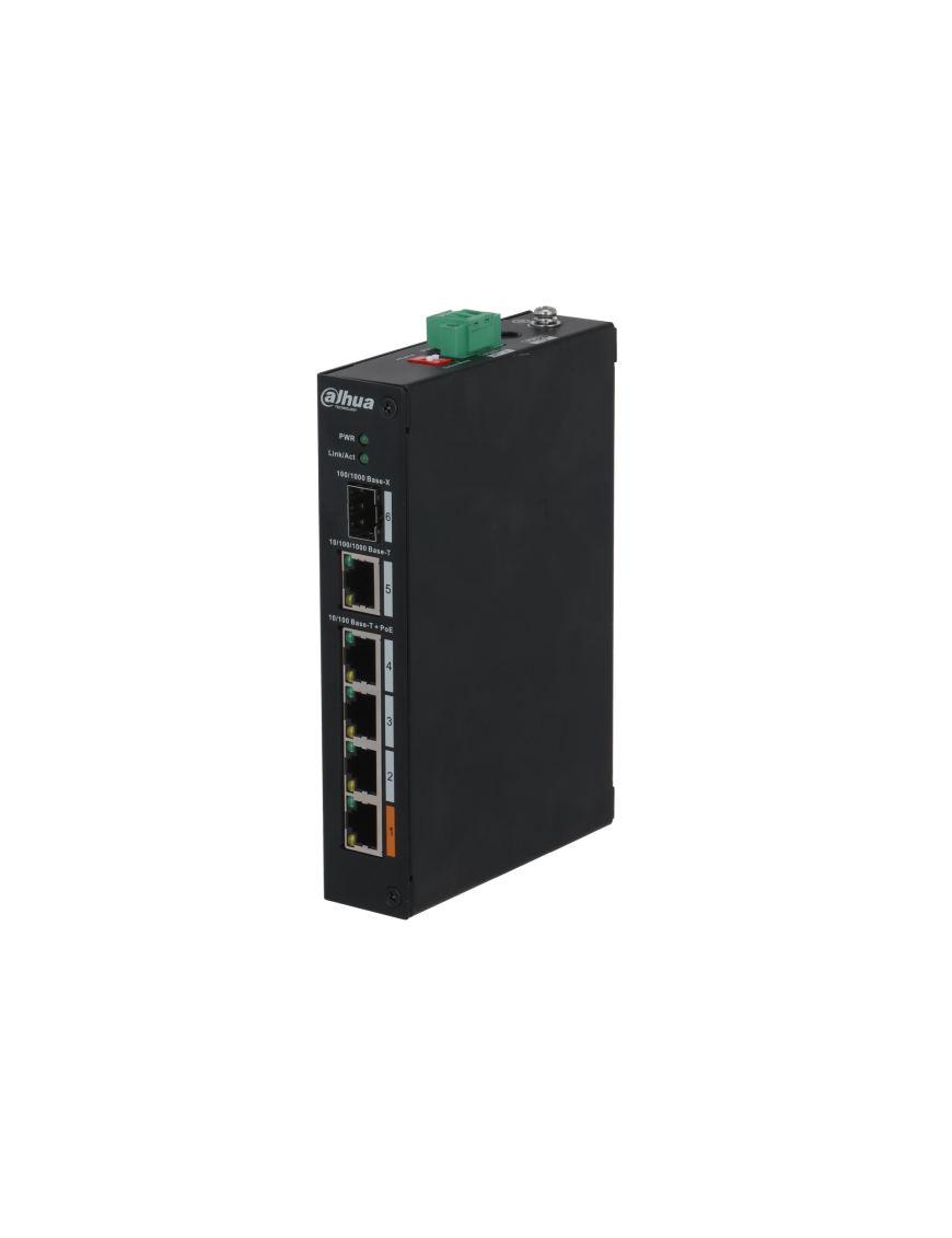 DAHUA PFS3106-4ET-60 - Switch, Port 1–4: 4 × RJ-45 10/100 Mbps (PoE) Port 5: 1 × RJ-45 10/100/1000 Mbps (Uplink) Port 6: 1 × SFP