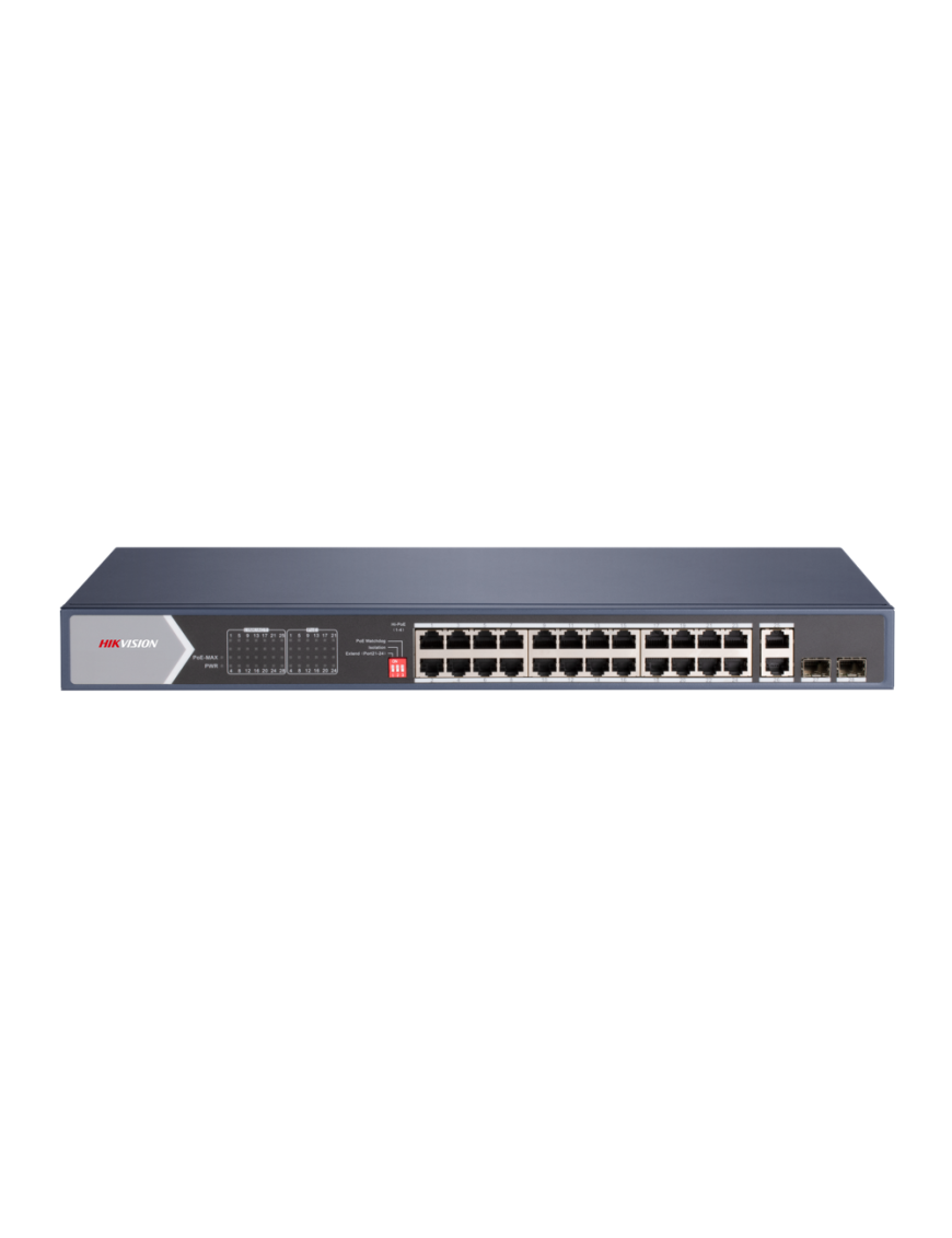 HIKVISION DS-3E0528HP-E - Niezarządzalny switch 24 x PoE 1Gbps 802.3 af/at, 2 x Uplink 1Gbps RJ45, 2 x SFP 1Gbps, 4x HiPoe, 4x L