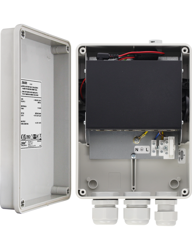 PULSAR S64H - Switch PoE 6-portowy z zasilaczem do 4 kamer IP w obudowie hermetycznej, 4xPoE + 2xUPLINK, 52VDC / 30W/port (PoE+)