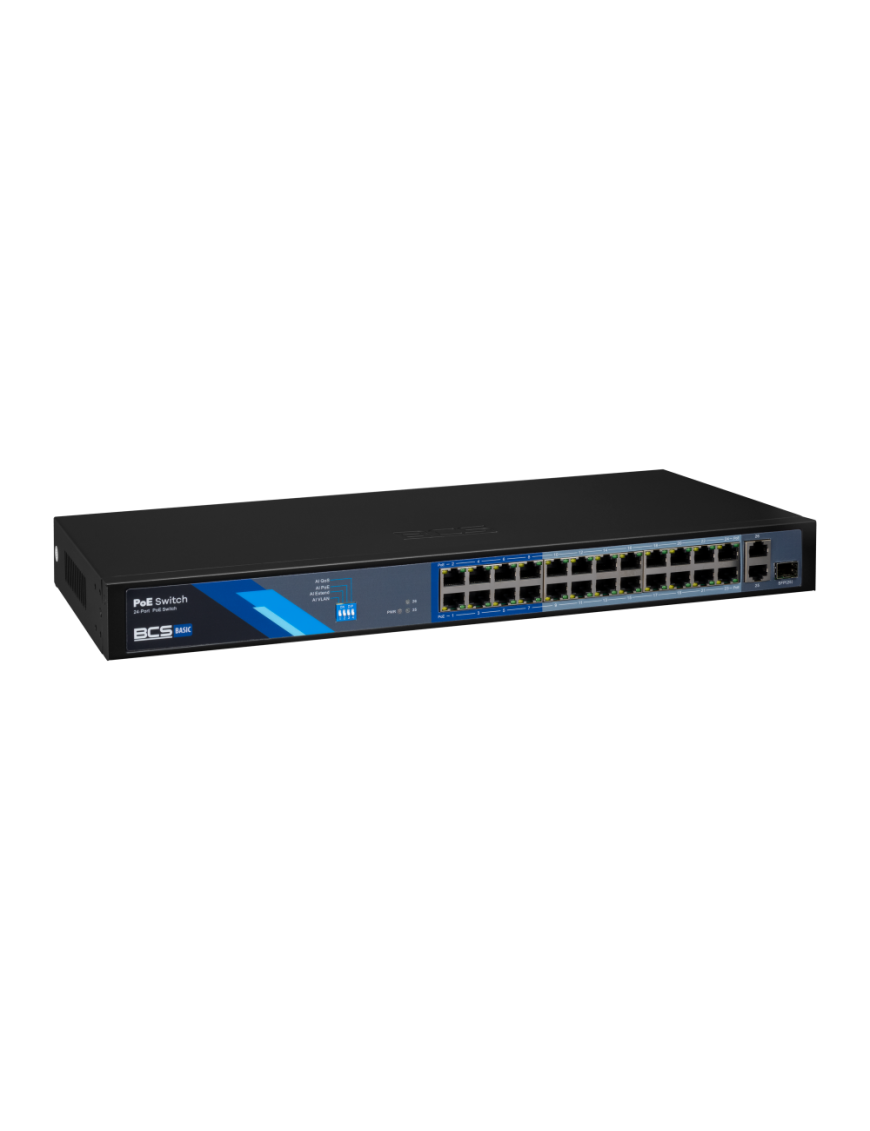 BCS-B-SP2402G-1SFP - Switch 24-portowy PoE, 24xPoE 100Mbps, 2xRj-45 1Gbps, 1xSFP 1Gbps