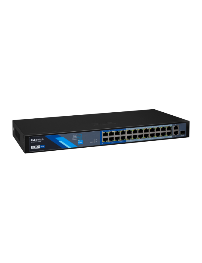 BCS-B-SP2402G-1SFP - Switch 24-portowy PoE, 24xPoE 100Mbps, 2xRj-45 1Gbps, 1xSFP 1Gbps