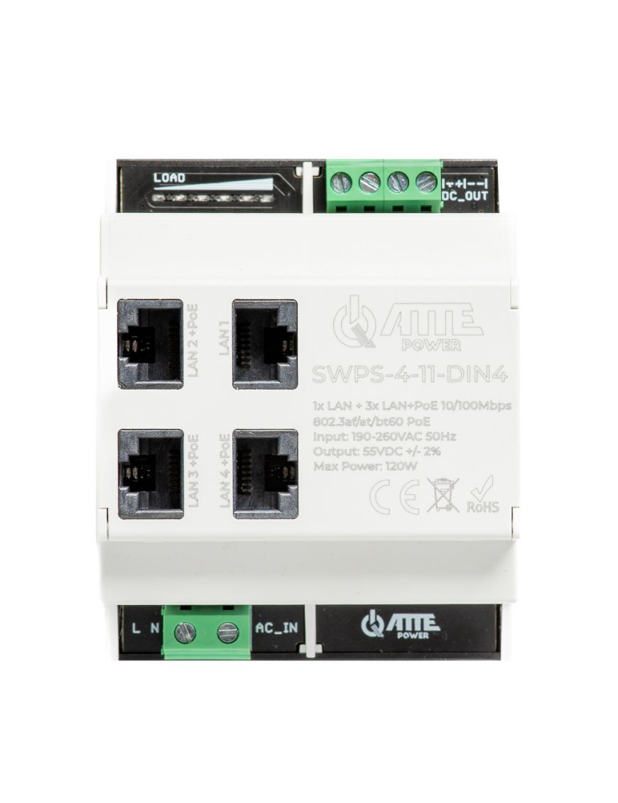 ATTE SWPS-4-11-DIN4 - Switch PoE 4 portowy z wbudowanym zasilaczem na szynę TH35