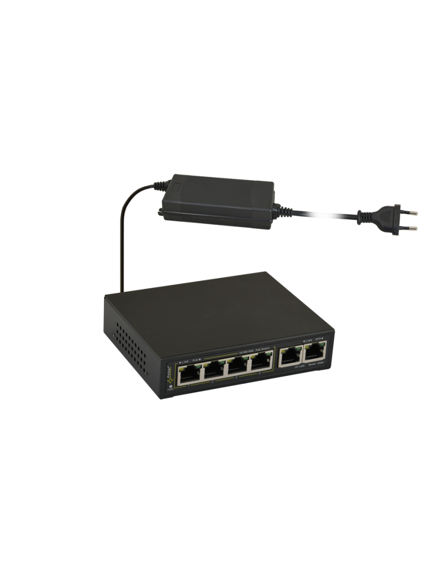 PULSAR SG64 - Switch PoE 6-portowy do 4 kamer IP, 4xPoE + 2xUPLINK, zasilacz 52VDC / 30W/port