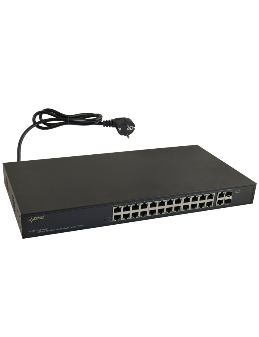 PULSAR SF124 - Switch PoE 24-portowy do 24 kamer IP, 24xPoE + 2xUPLINK, zasilacz 52VDC / 30W/port