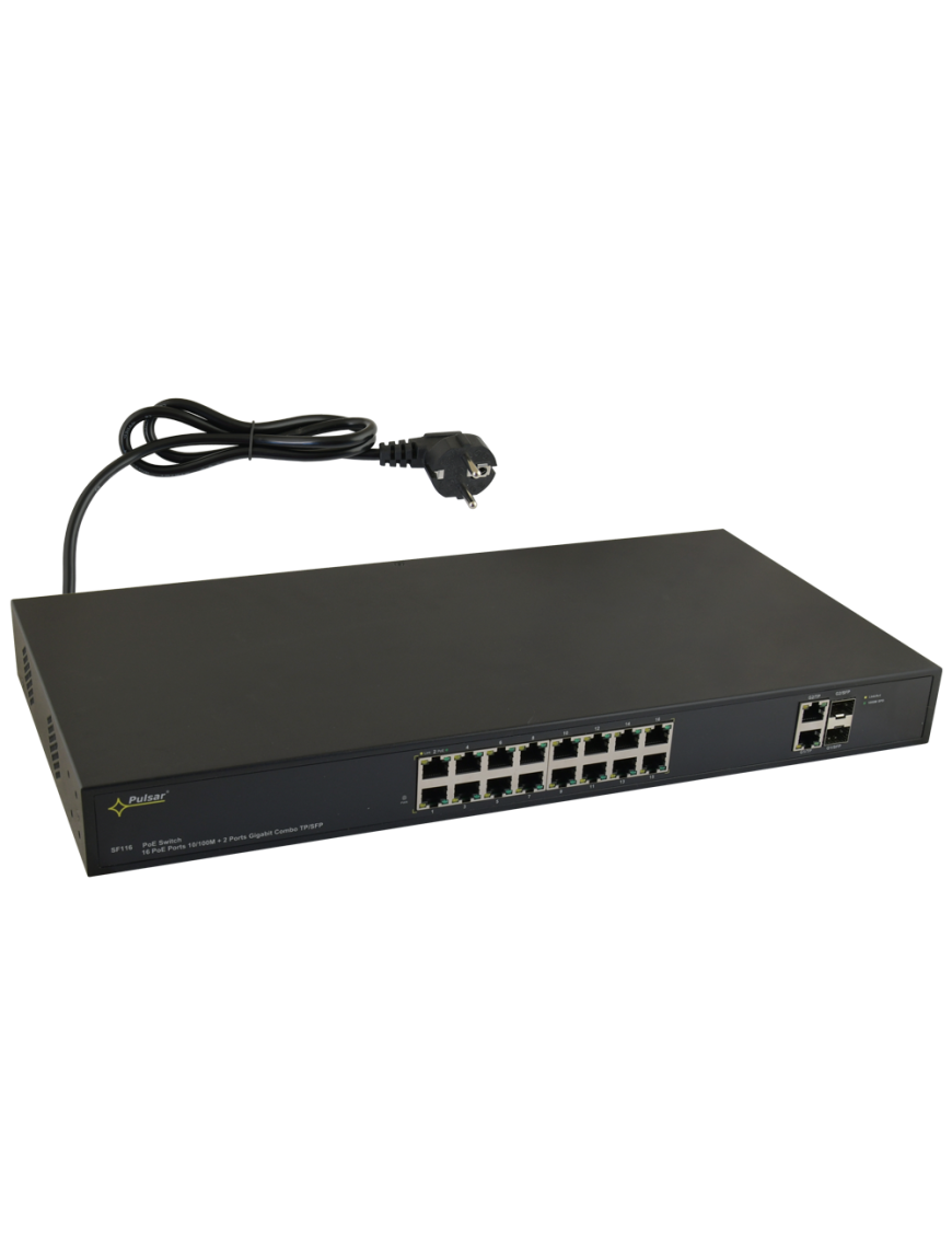 PULSAR SF116 - Switch PoE 16-portowy do 16 kamer IP, 16xPoE + 2xUPLINK, zasilacz 48VDC / 15,4W/port
