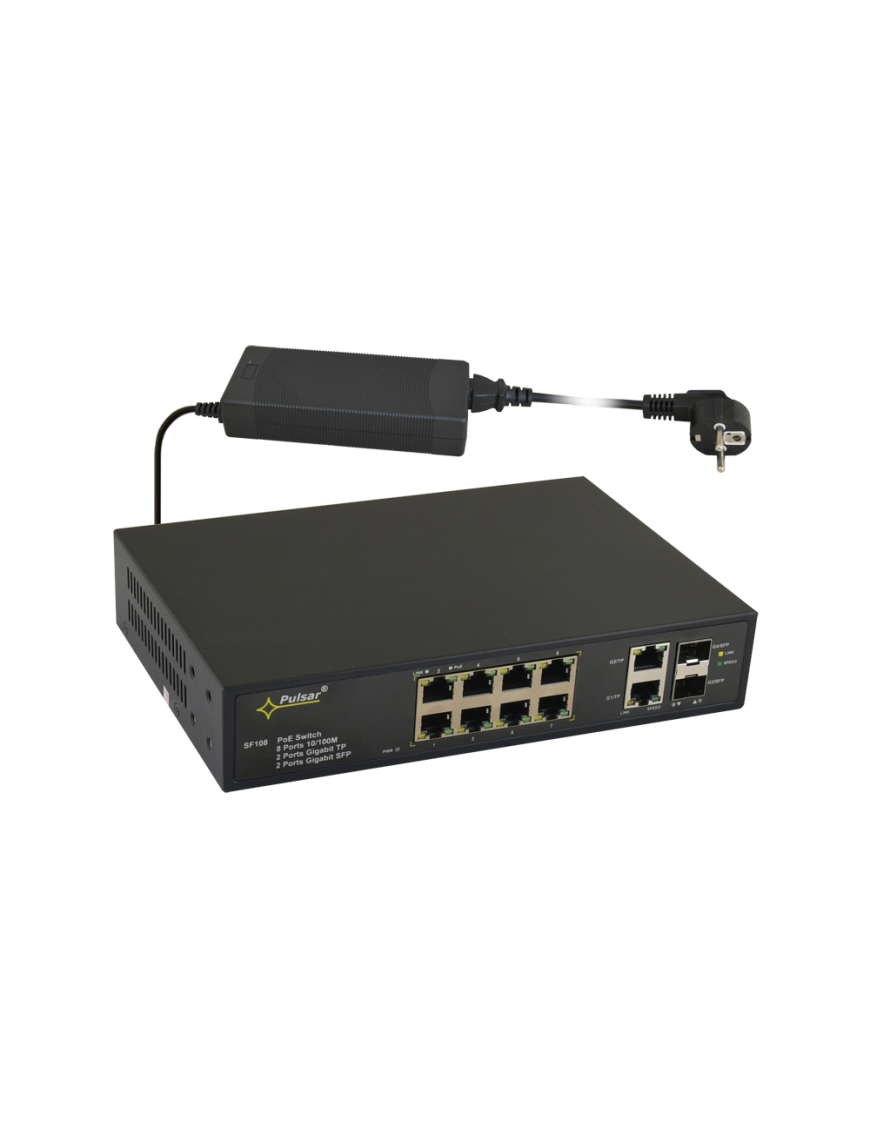 PULSAR SF108 - Switch PoE 10-portowy do 8 kamer IP, 8xPoE + 2xUPLINK, zasilacz 48VDC / 15,4W/port