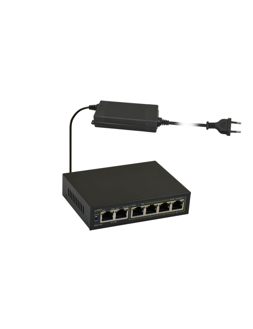 PULSAR S64 - Switch PoE 6-portowy do 4 kamer IP, 4xPoE + 2xUPLINK, zasilacz 48VDC / 15,4W/port