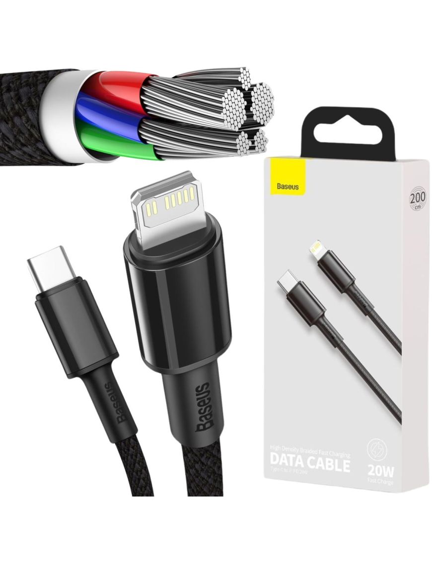 KABEL USB-C - Lightning / iPhone Baseus Cafule CATLGD-A01 2m 20W PD Quick Charging CZARNY W OPLOCIE