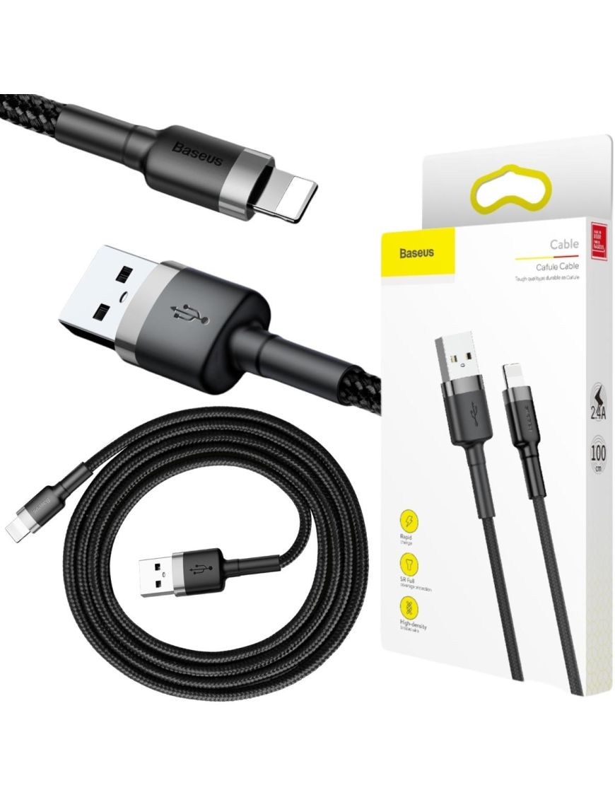 KABEL USB-A - Lightning / iPhone Baseus Cafule CALKLF-BG1 100cm Apple 2.4A CZARNO-SZARY W OPLOCIE