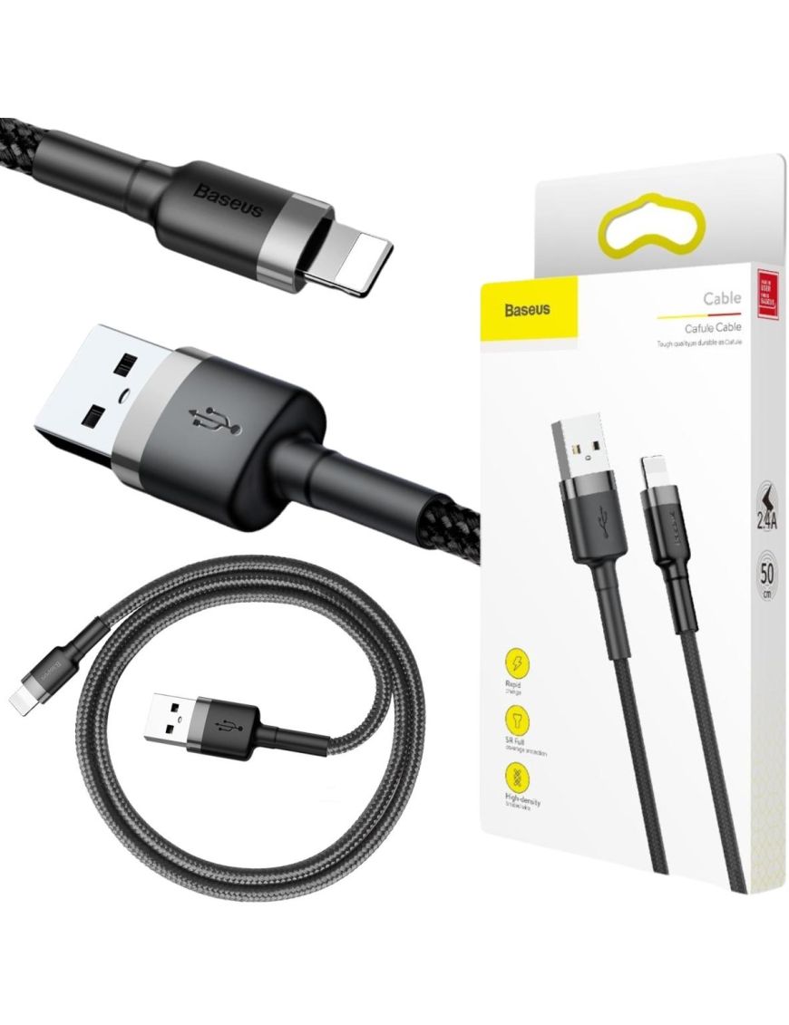 KABEL USB-A - Lightning / iPhone Baseus Cafule CALKLF-AG1 50cm Apple 2.4A CZARNO-SZARY W OPLOCIE