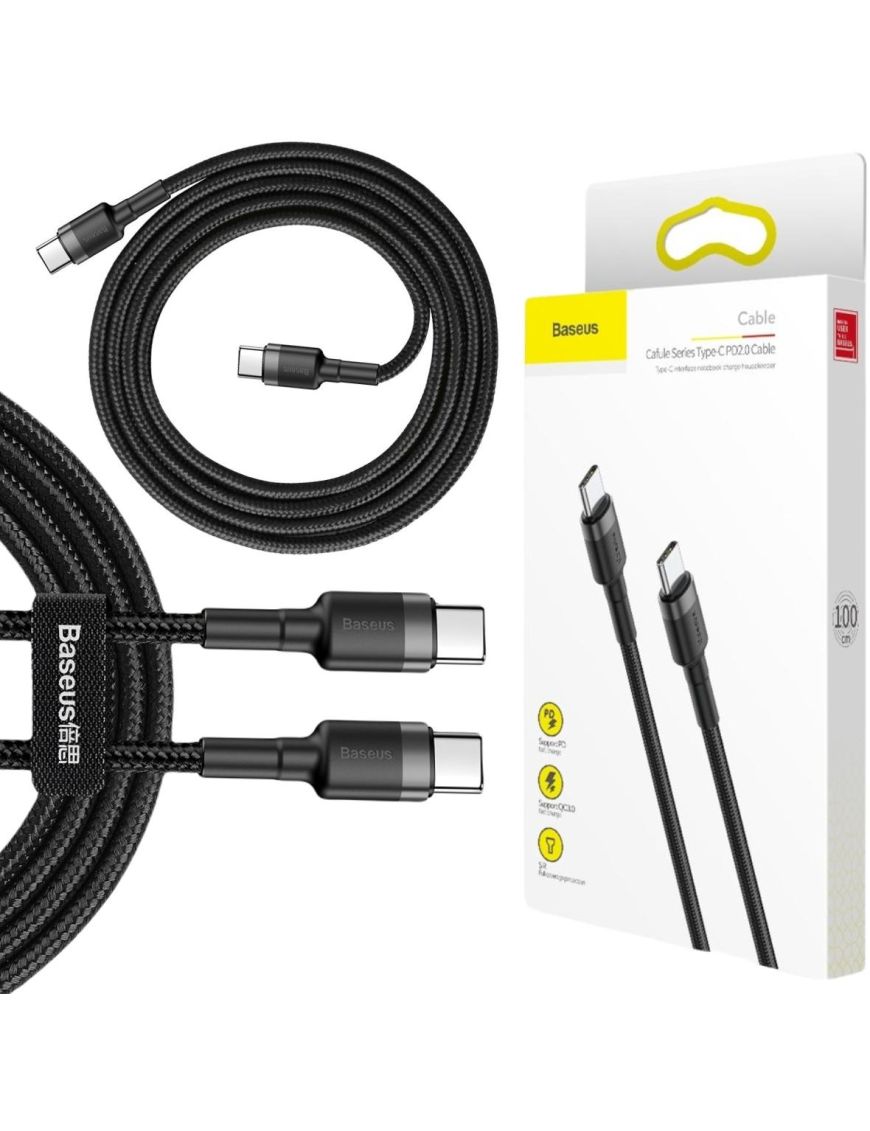 KABEL USB-C - USB-C Baseus Cafule CATKLF-GG1 100cm 60W 3A PD 2.0 QC 3.0 CZARNO-SZARY W OPLOCIE