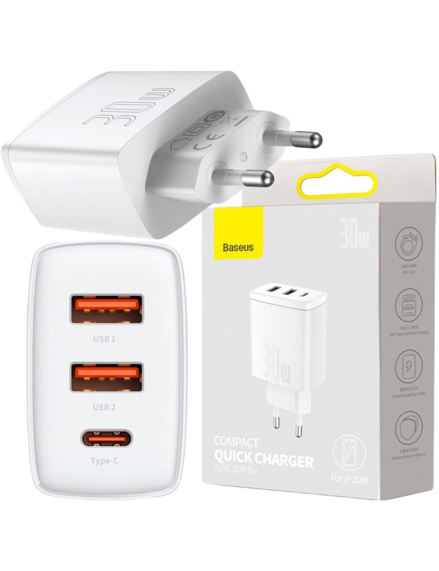 ŁADOWARKA SIECIOWA Baseus Compact Quick Charger CCXJ-E02 30W 2x USB-A 1x USB-C PD 3.0 QC 3.0 BIAŁA